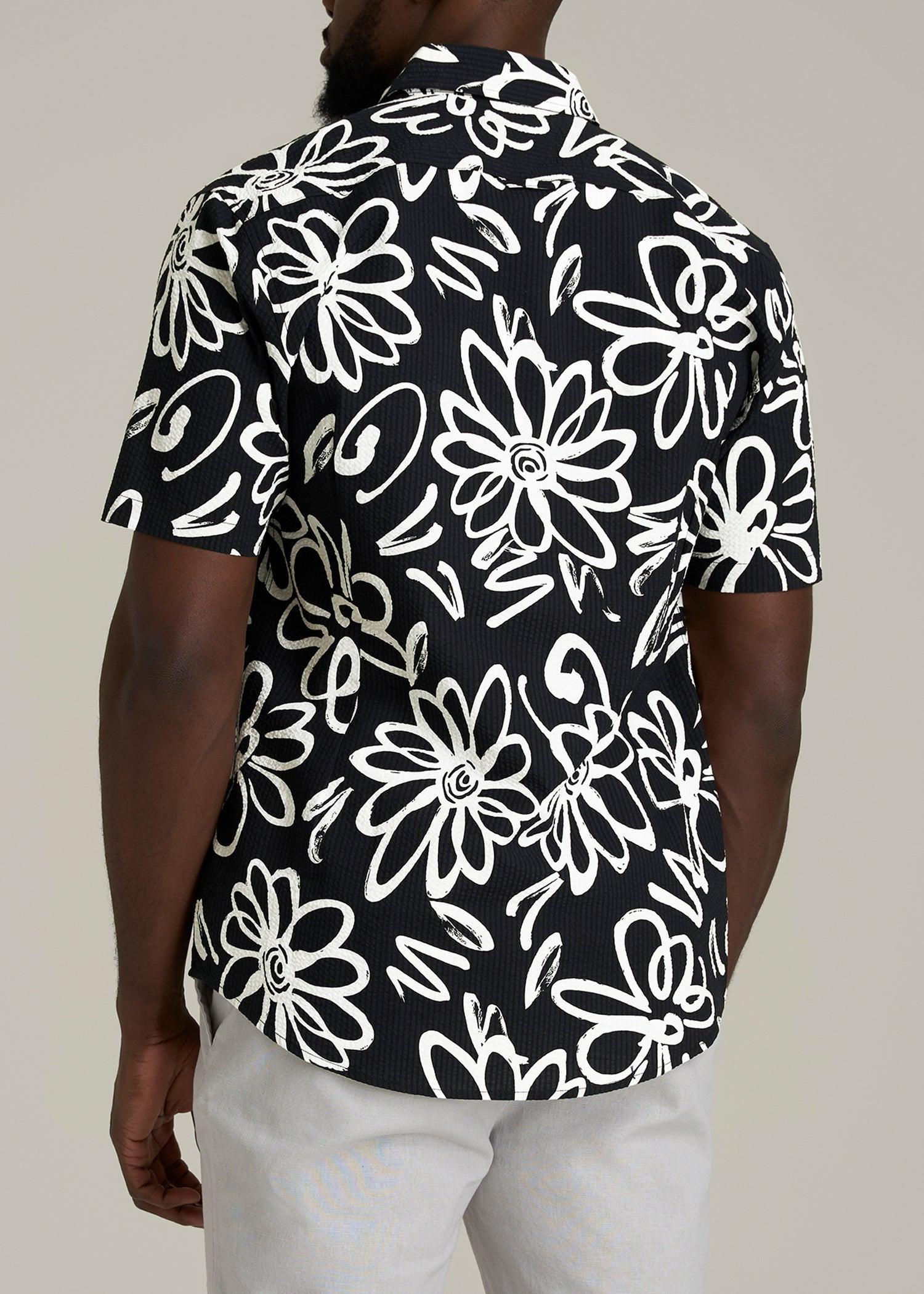 Seersucker Tall Men's Short Sleeve Shirt in Black and White Floral Male Product Image