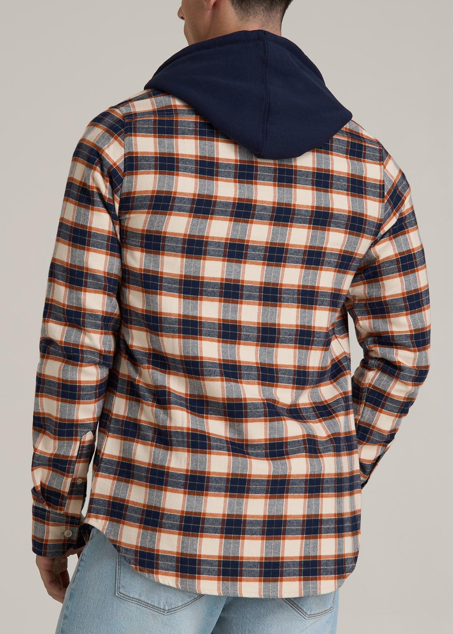 Midweight Brushed Flannel Button Shirt for Tall Men in Blue and Orange Plaid Product Image