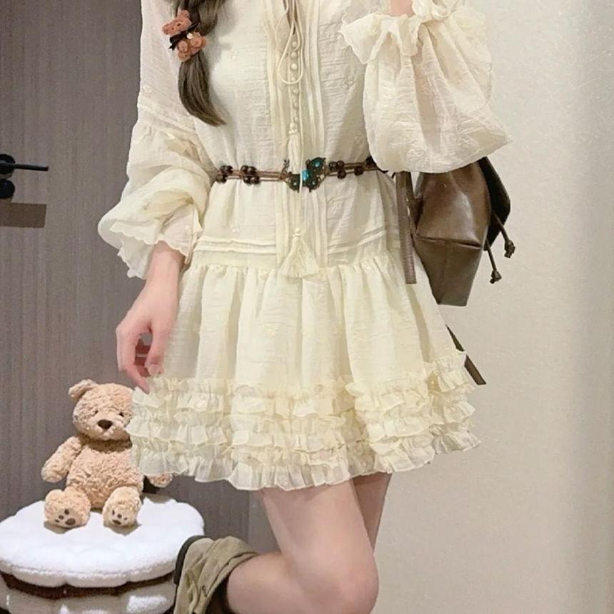 Long Sleeve Round Neck Plain Frill Pintuck Tie Front Mini A-Line Dress Product Image