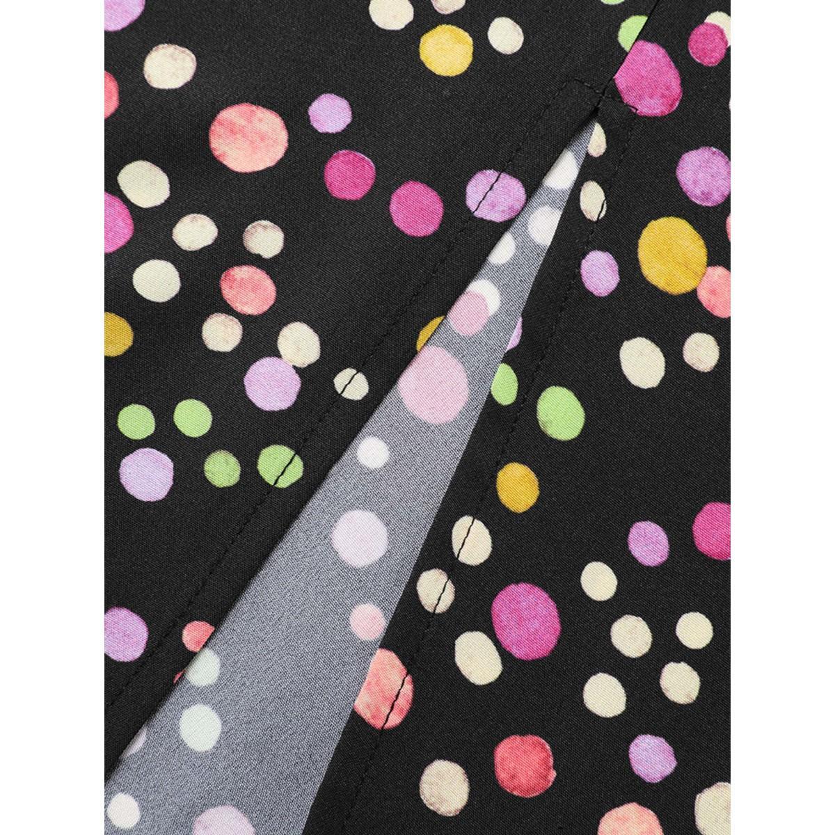 Plus Size Polka Dot Shirred Belted Split Hem Dress Black Women Elegant Belted V-neck Long Sleeve Curvy BloomChic 28/5X Product Image