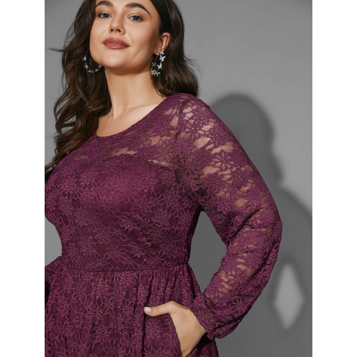 Plus Size Crochet Lace Mesh Pocket Knit Dress Deeppurplered Women Cocktail Woven ribbon&lace trim Knit Dresses Bloomchic 14-16/1X Product Image