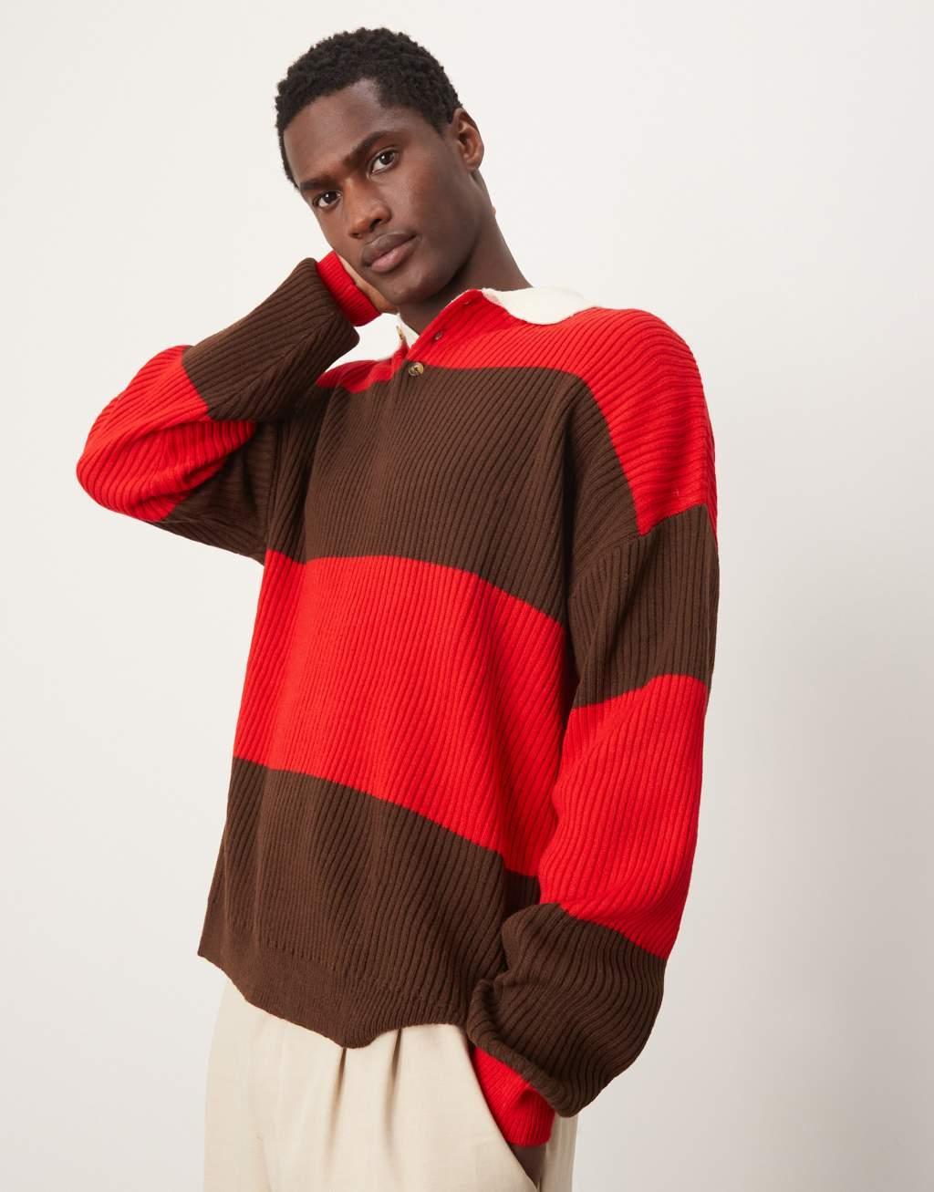 ASOS DESIGN relaxed knit rugby polo in red and brown stripe Product Image