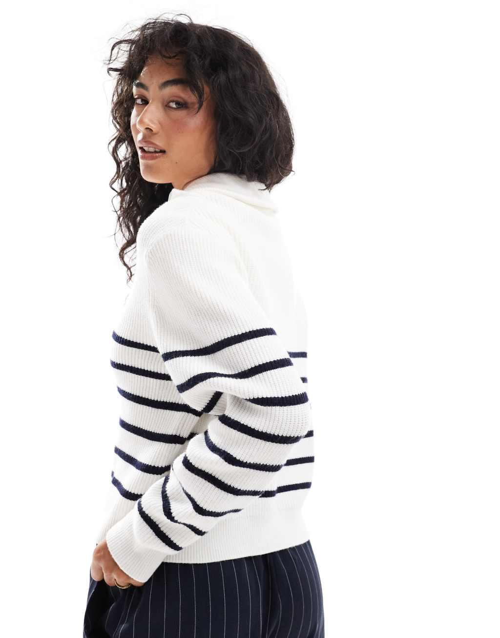 Mango half zip striped sweater in white  Product Image