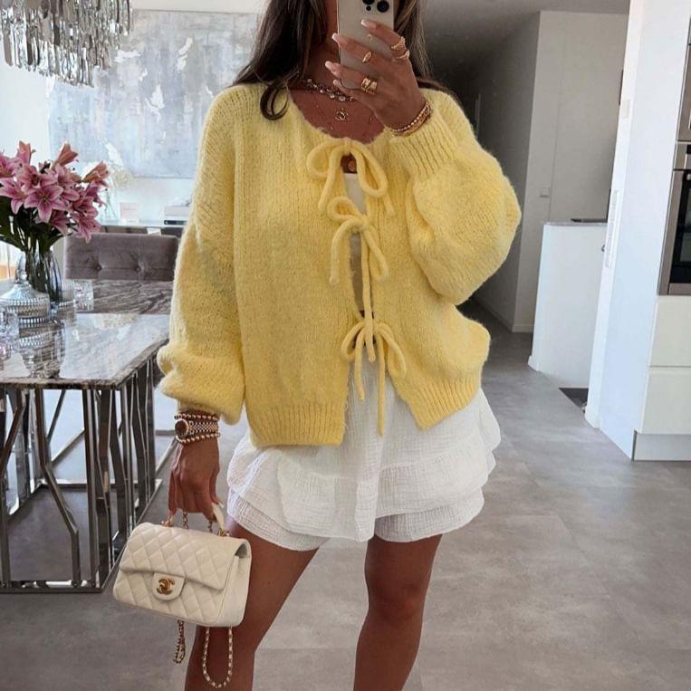 Round Neck Plain Bowknot Cardigan Product Image