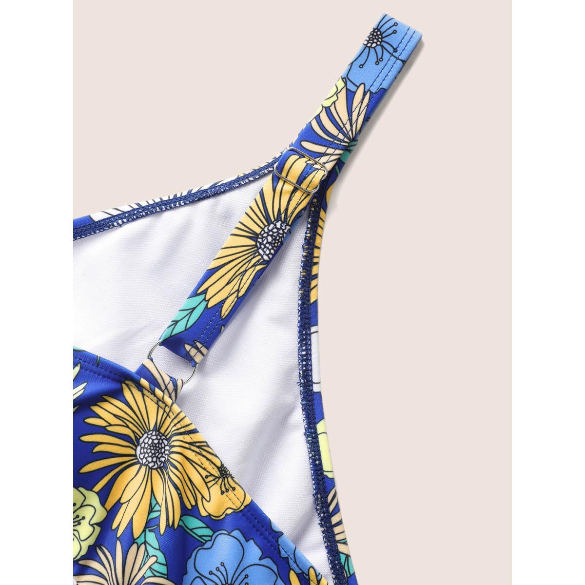 Plus Size Overlap Collar Floral Mesh Split Side Swim Dress Women's Swimwear Indigo Beach Bodycon Overlap Collar High stretch Curve Swim Dresses BloomChic 26/4X Product Image