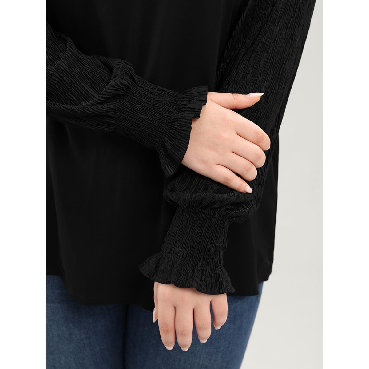 Plus Size Black Solid V Neck Puff Sleeve Blouse Women Elegant Long Sleeve V-neck Dailywear Blouses BloomChic 18-20/2X Product Image