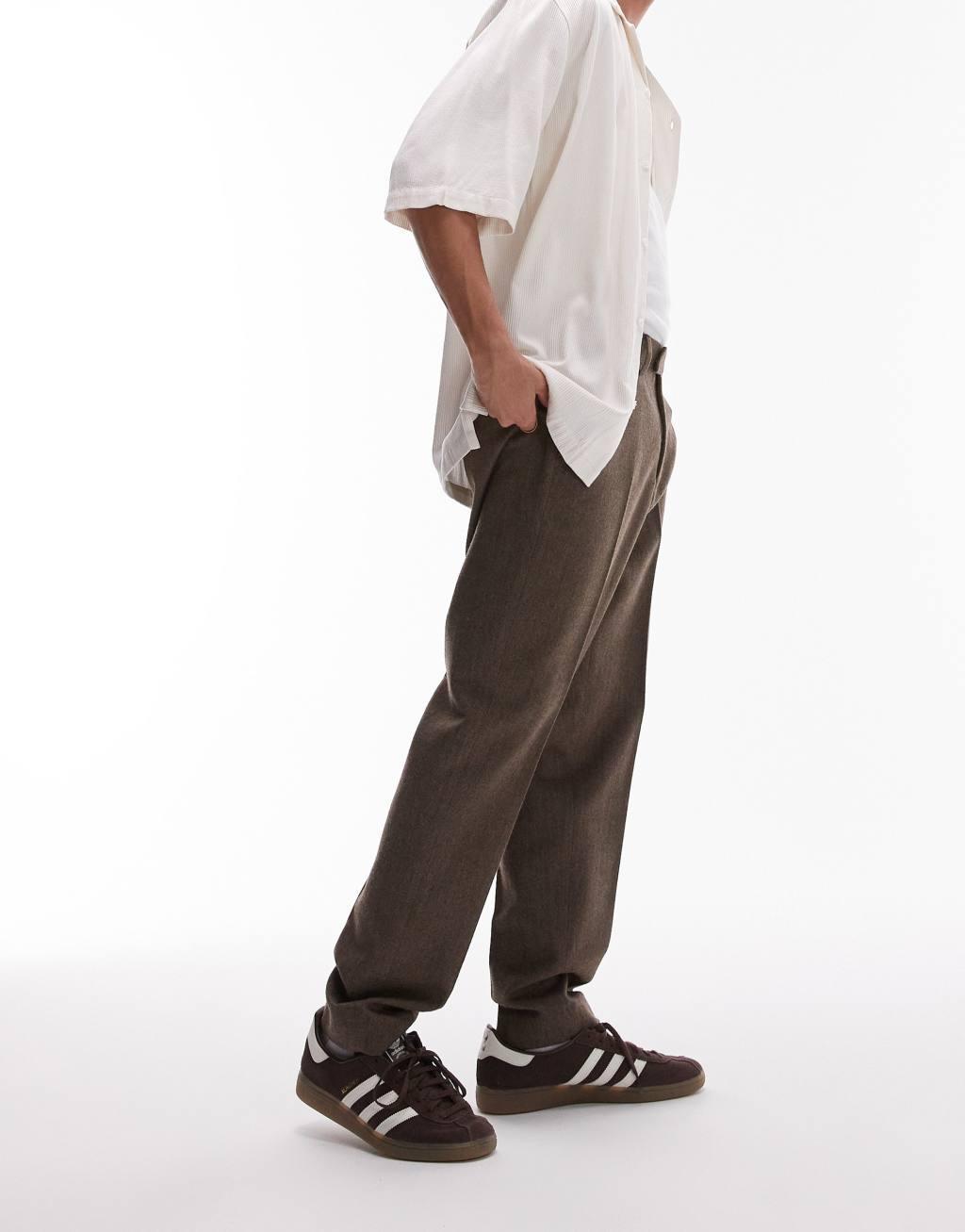 Topman brown herringbone taper pants in brown Product Image