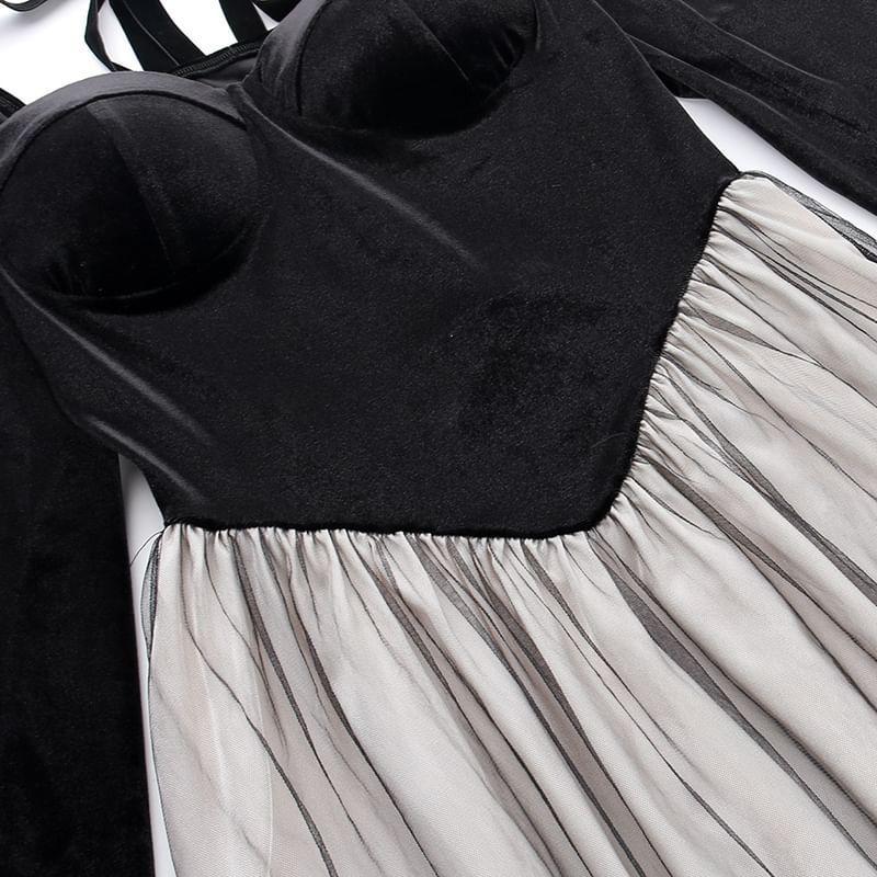 Long Sleeve Sweetheart Neck Mesh Panel Velvet Midi A-Line Dress Product Image