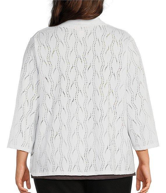 Allison Daley Plus Size 3/4 Sleeve Open-Front Wave Eyelet Knit Cardigan Product Image