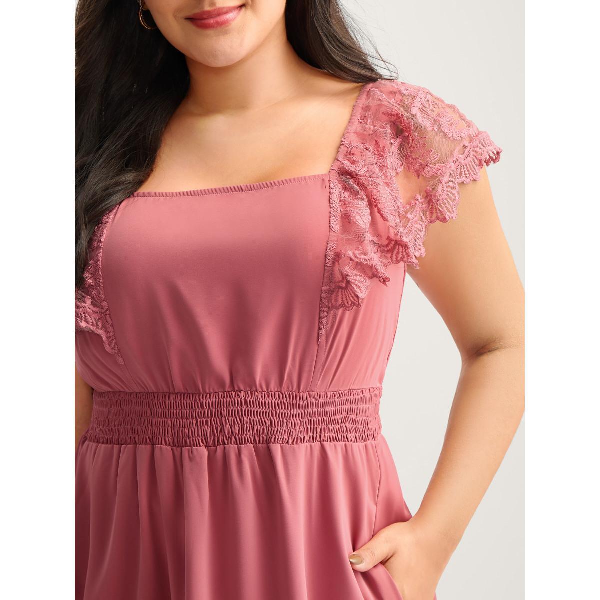 Plus Size Lace Trim Shirred Waist Midi Dress Beanpastepowder Women Square Neck Sleeveless Curvy BloomChic 12/L Product Image