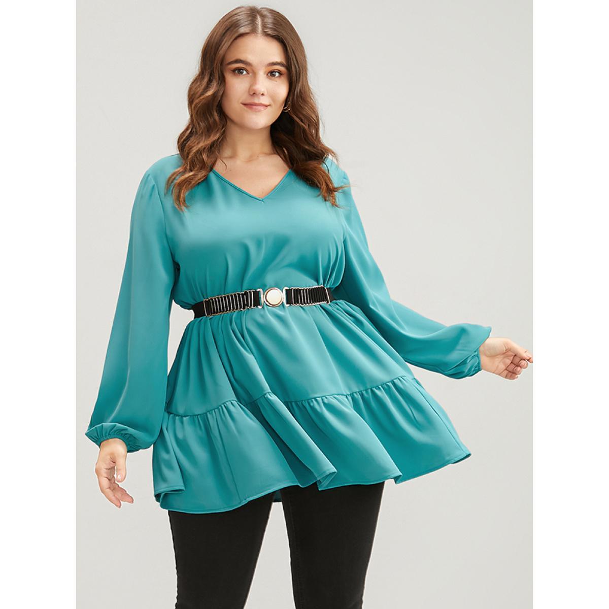 Plus Size Aegean Solid V Neck Lantern Sleeve Ruffle Hem Blouse Without Belt Women Elegant Long Sleeve V-neck Dailywear Blouses BloomChic 30/6X Product Image