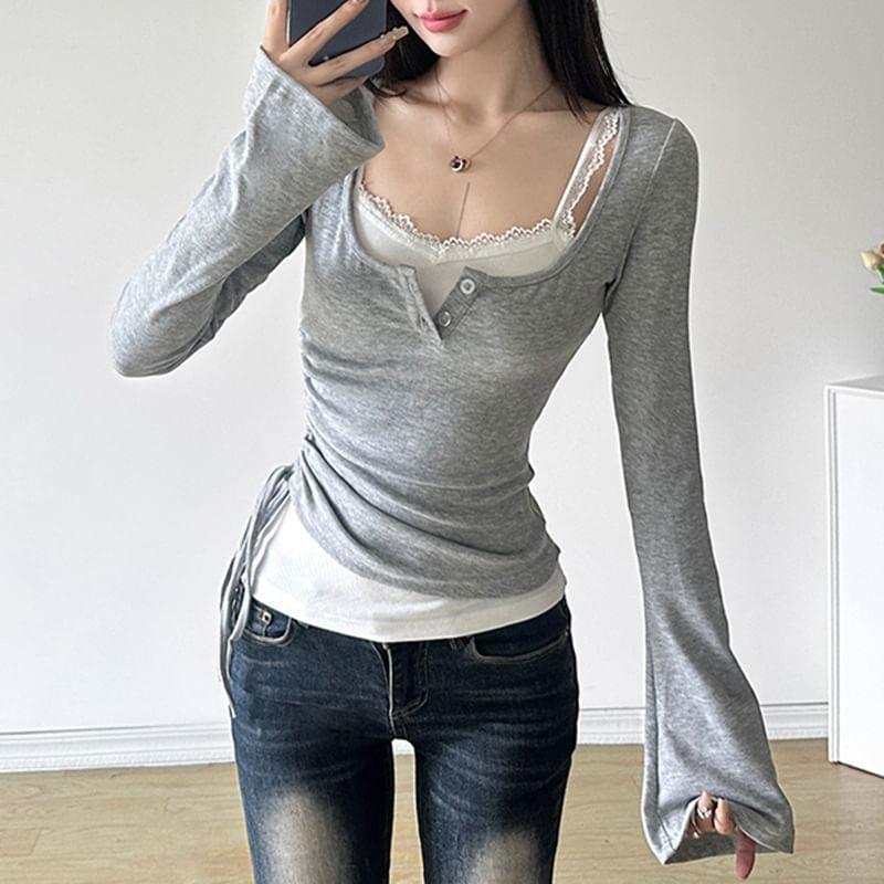 Set: Long-Sleeve Scoop Neck Plain Lace Drawstring Top + Lace Cami Top Product Image