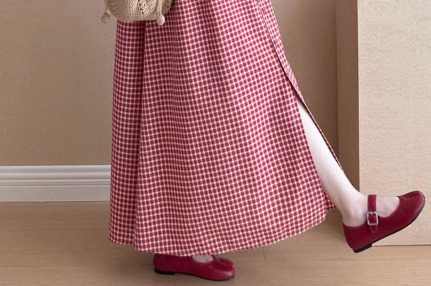 Maternity Sleeveless Crew Neck Plaid Button-Up Maxi A-Line Dress Product Image