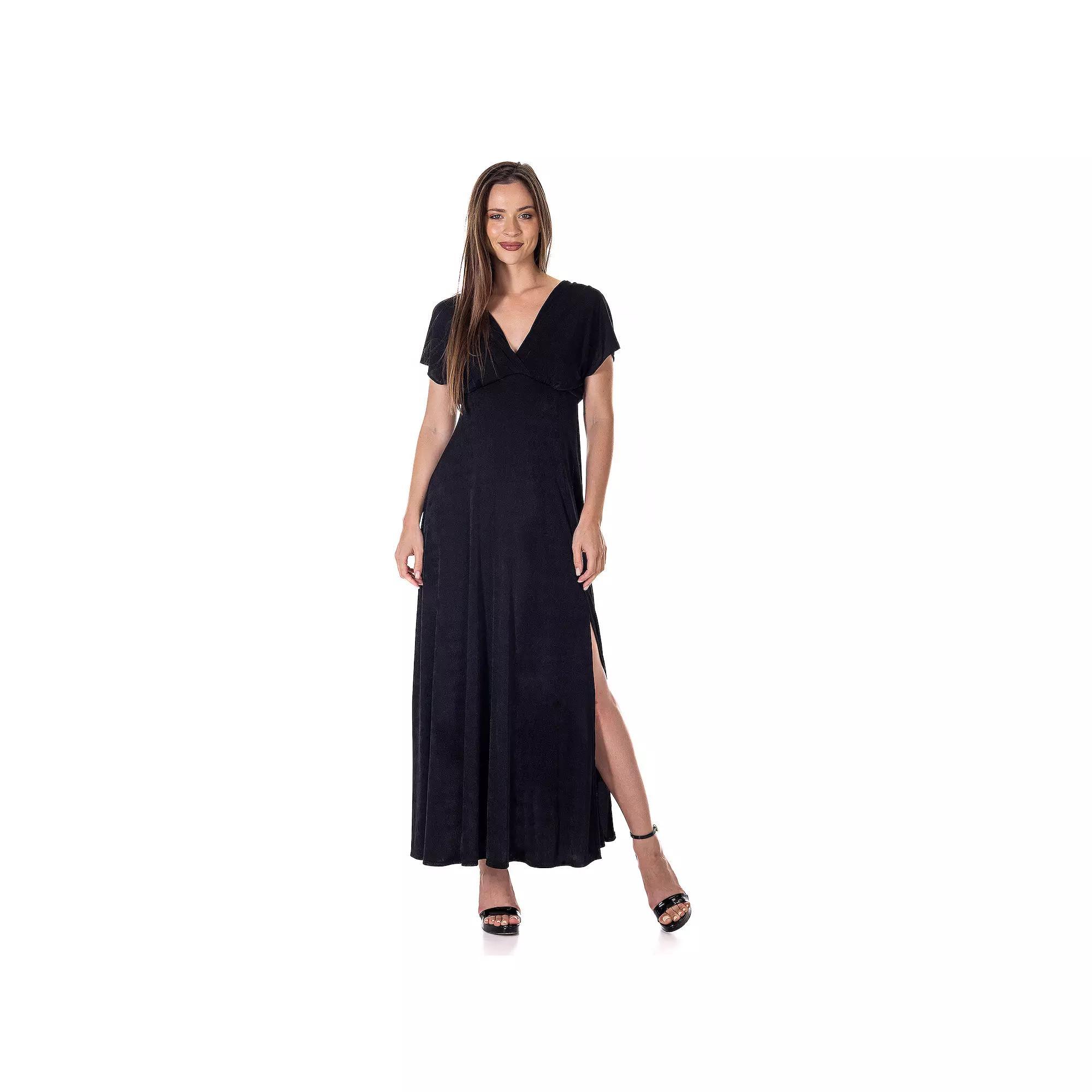 Women's 24Seven Comfort Apparel Flutter Sleeve Metallic Knit Maxi Dress Front Slit Empire Waist, Size: XL, Black Product Image