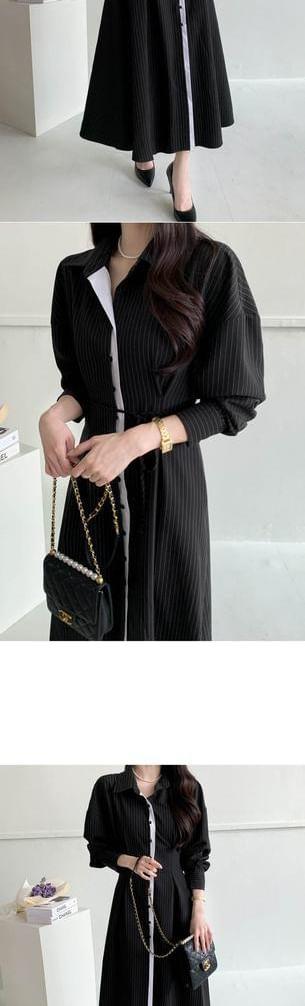 Long-Sleeve Pinstriped Contrast Trim Button-Up Midi A-Line Dress Product Image