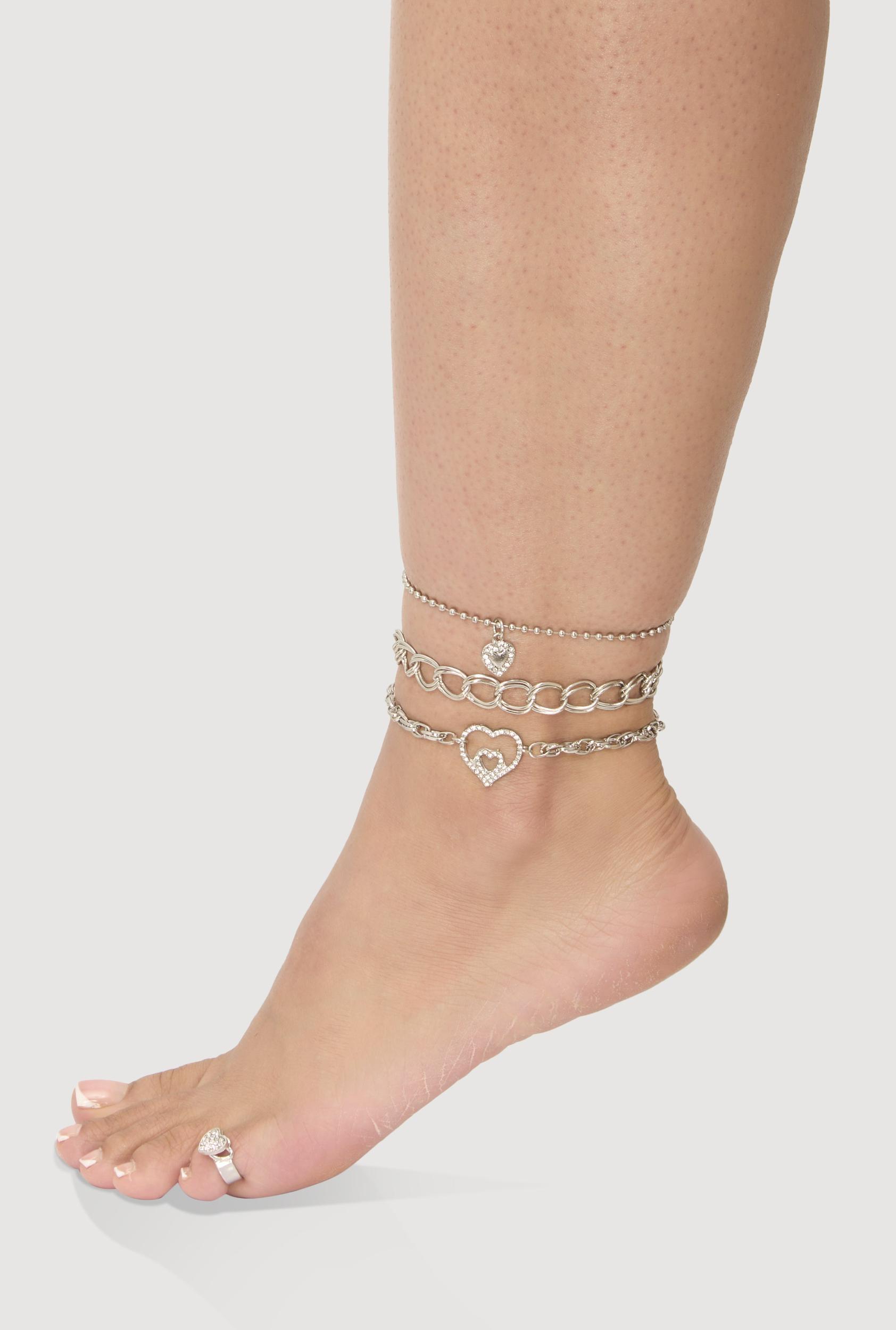Heart Charm Anklet Trio with Toe Ring Female Product Image