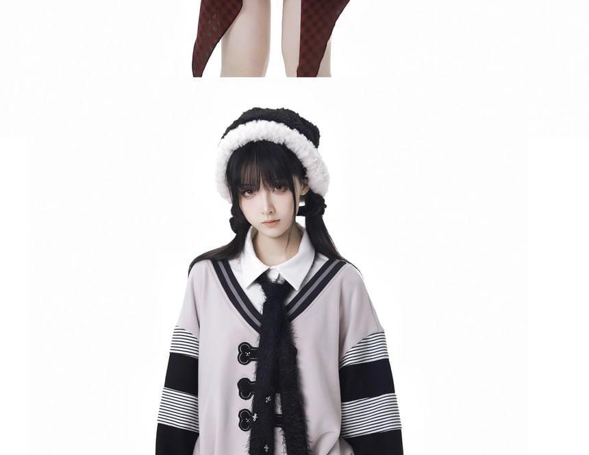 Long Sleeve Striped Applique Hood Asymmetrical Top with Necktie Product Image