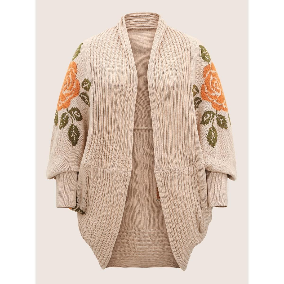 Plus Size Floral Jacquard Batwing Sleeve Open Front Cardigan Apricot Women Elegant Long Sleeve Everyday Cardigans BloomChic 12/L Product Image