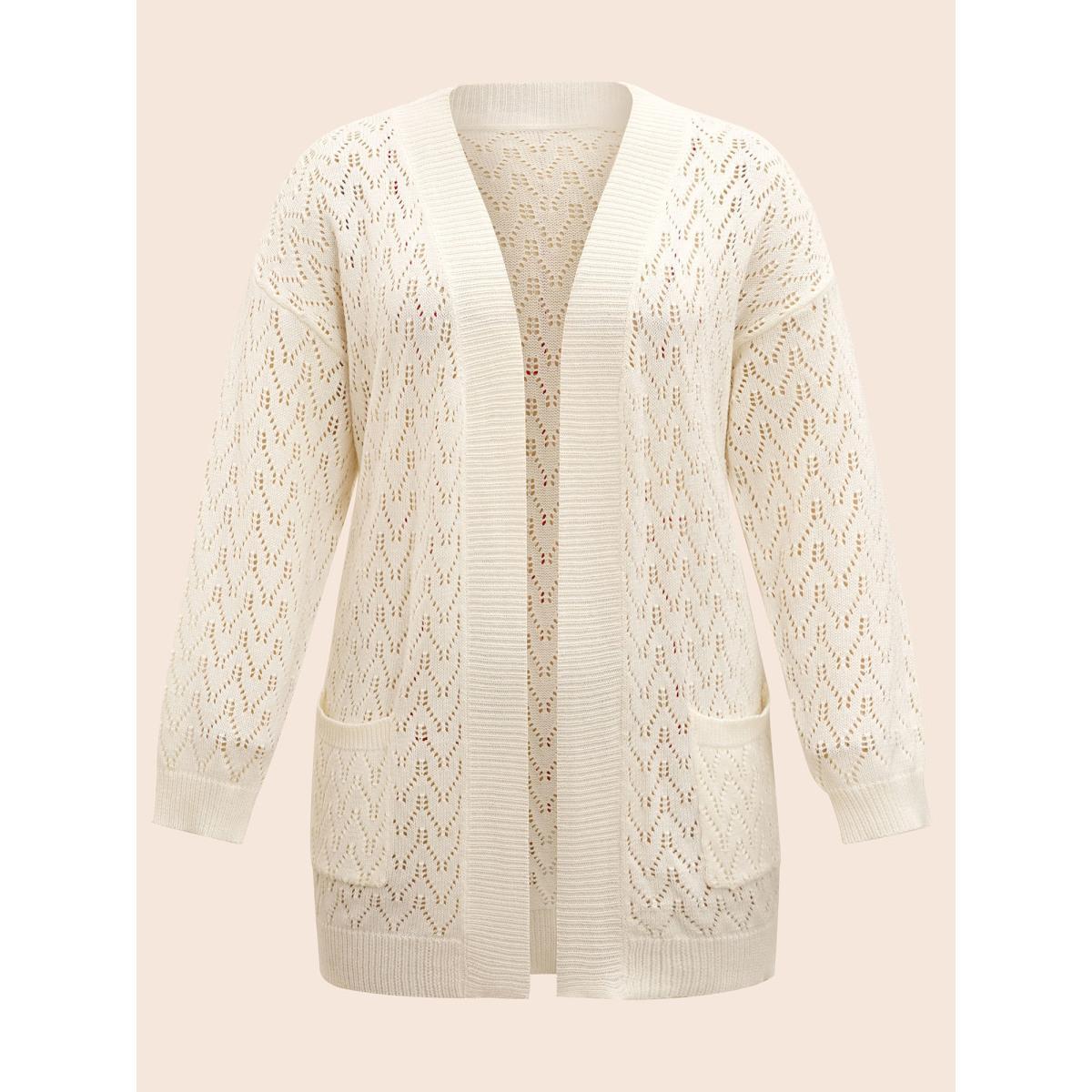 Plus Size Kimono Collar Patch Pocket Pointelle Knit Cardigan Beige Women Casual Loose Long Sleeve Everyday Cardigans BloomChic 22-24/3X Product Image