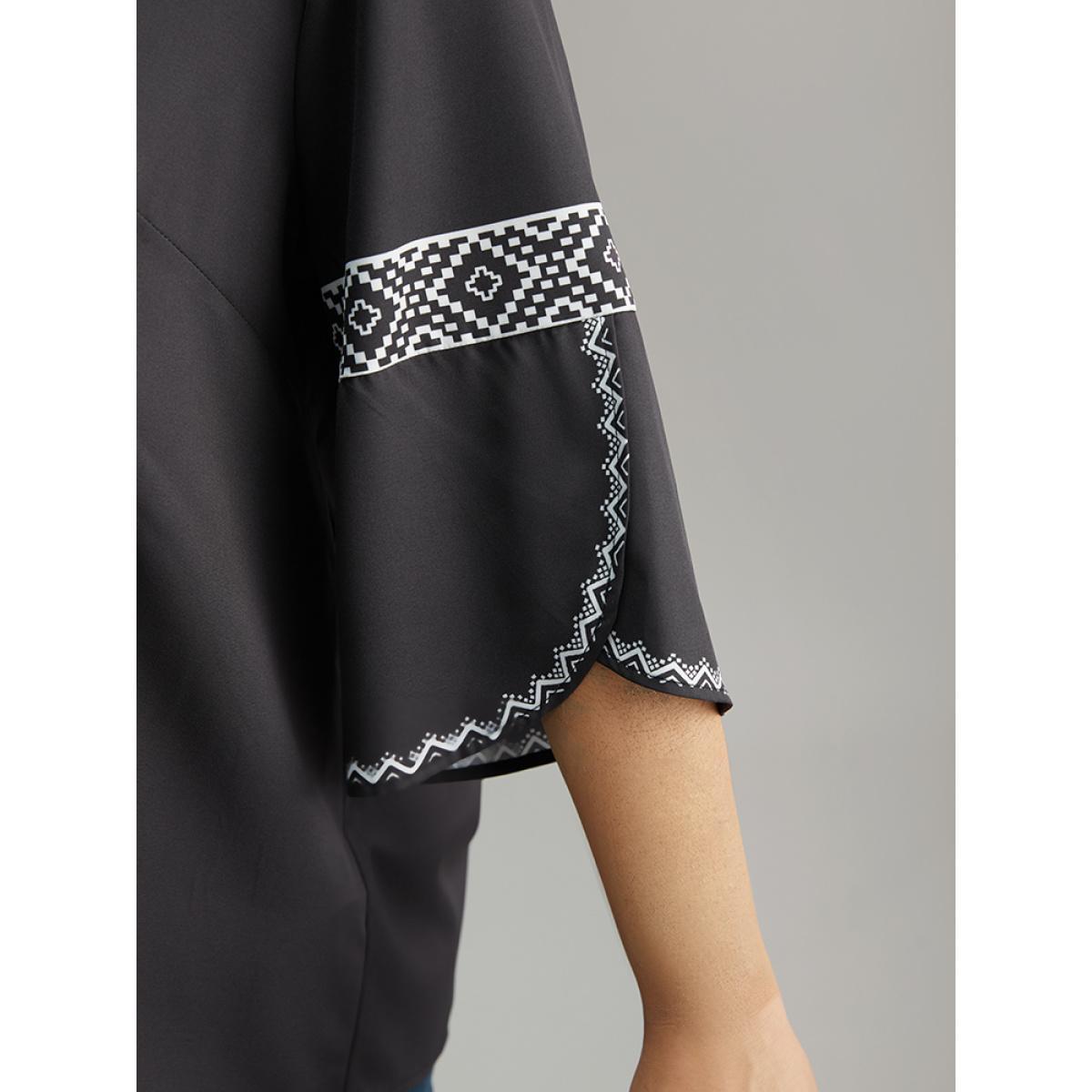 Plus Size Black Boho Print Patchwork V Neck Blouse Women Vacation Elbow-length sleeve V-neck Dailywear Blouses BloomChic 12/L Product Image