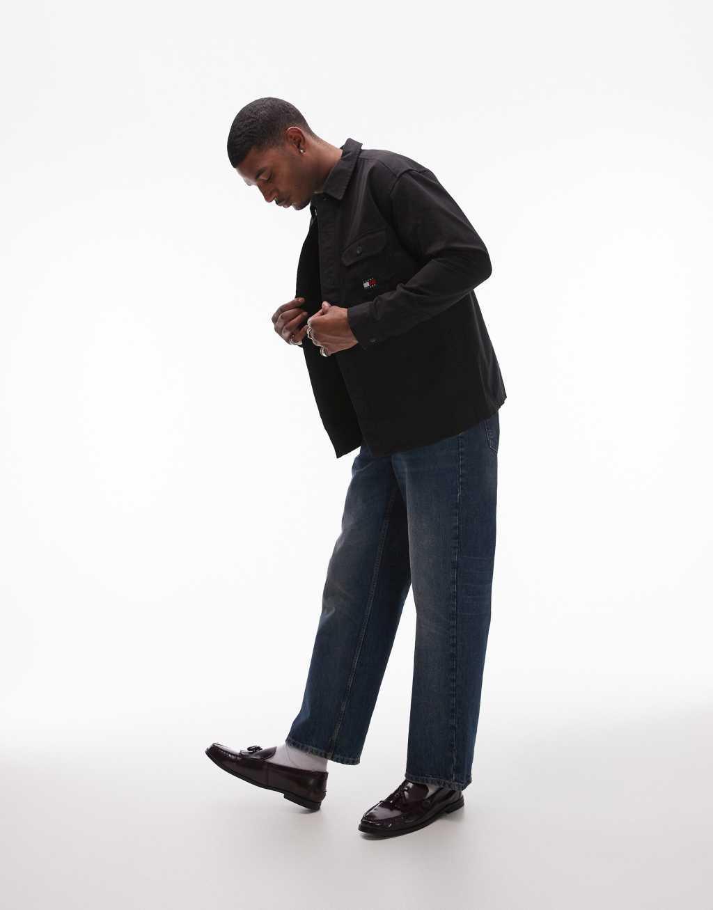 Tommy Jeans essential flag overshirt in black Product Image