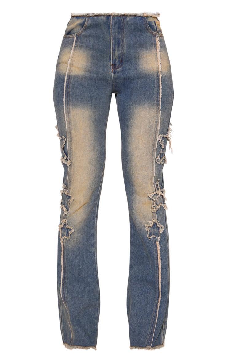 Indigo Vintage Wash Raw Hem Star Embroidery Flared Jeans Product Image