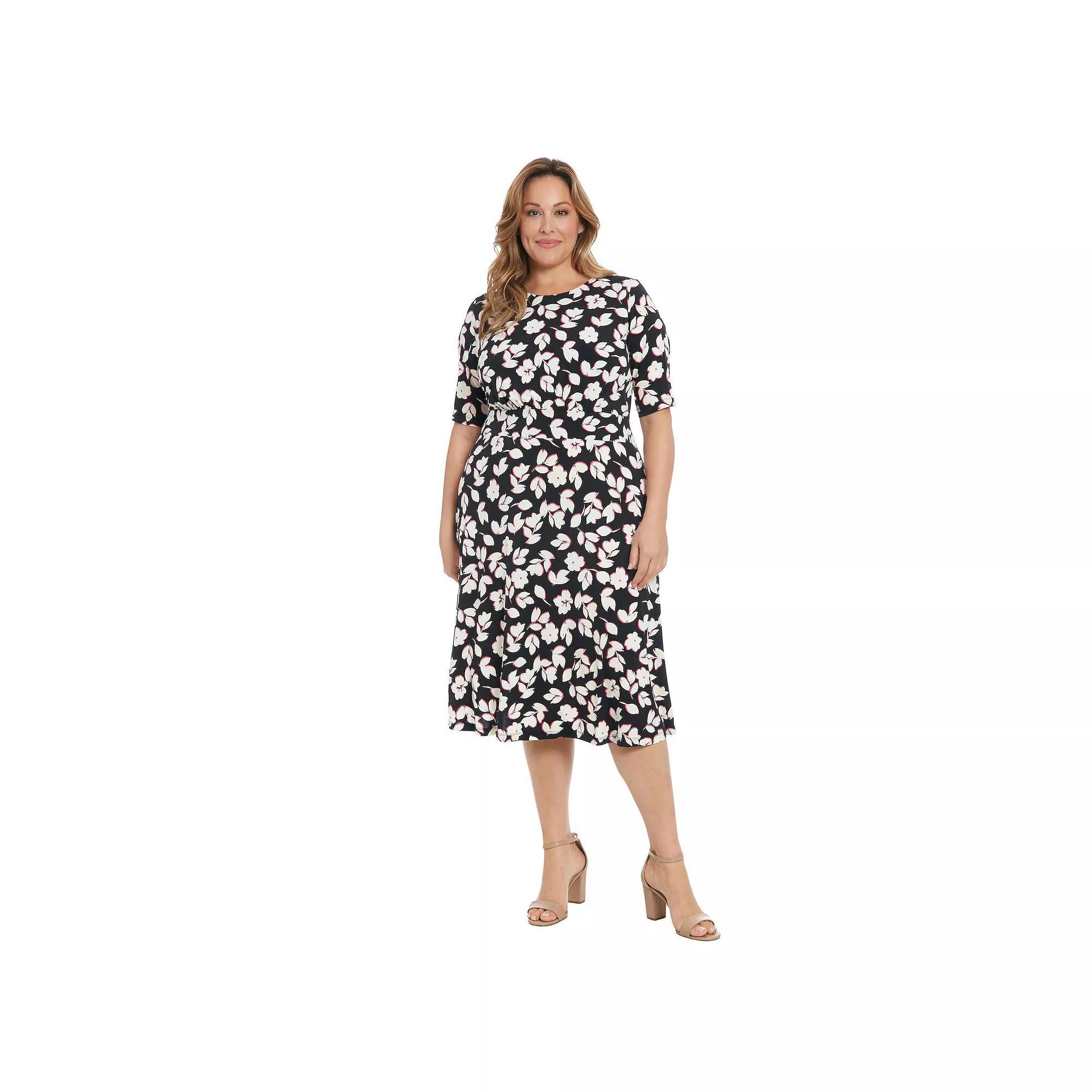 Plus Size London Times Floral Print Elbow Sleeve Inset Waist Midi Dress, Women's, Size: 18 W, Black Pink Product Image