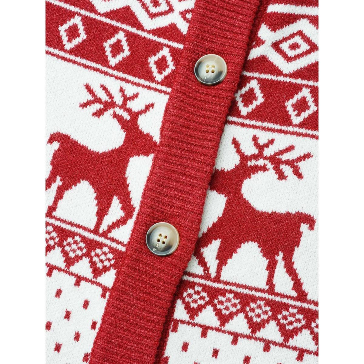 Plus Size Reindeer And Snow Pattern Button-Front Cardigan Scarlet Women Casual Loose Long Sleeve Everyday Cardigans BloomChic 12/L Product Image