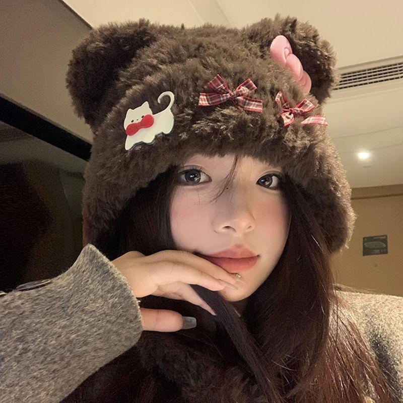 Bow Accent Bear Ear Furry Beanie Product Image