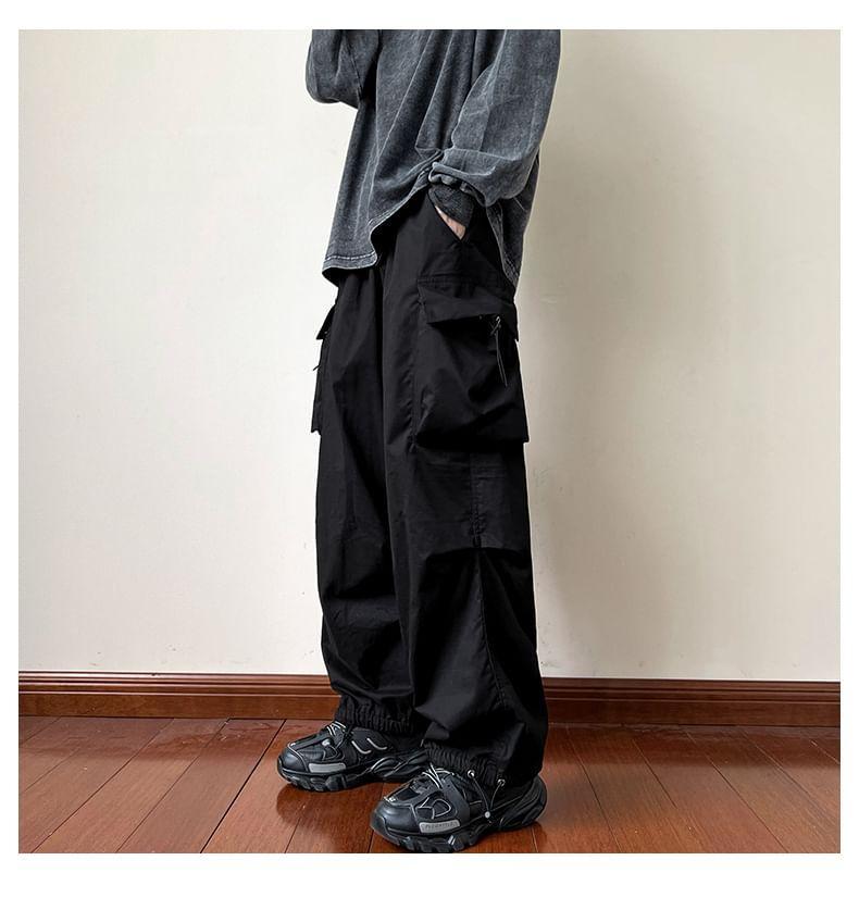Drawstring Waist Plain Wide Leg Cargo Pants Product Image