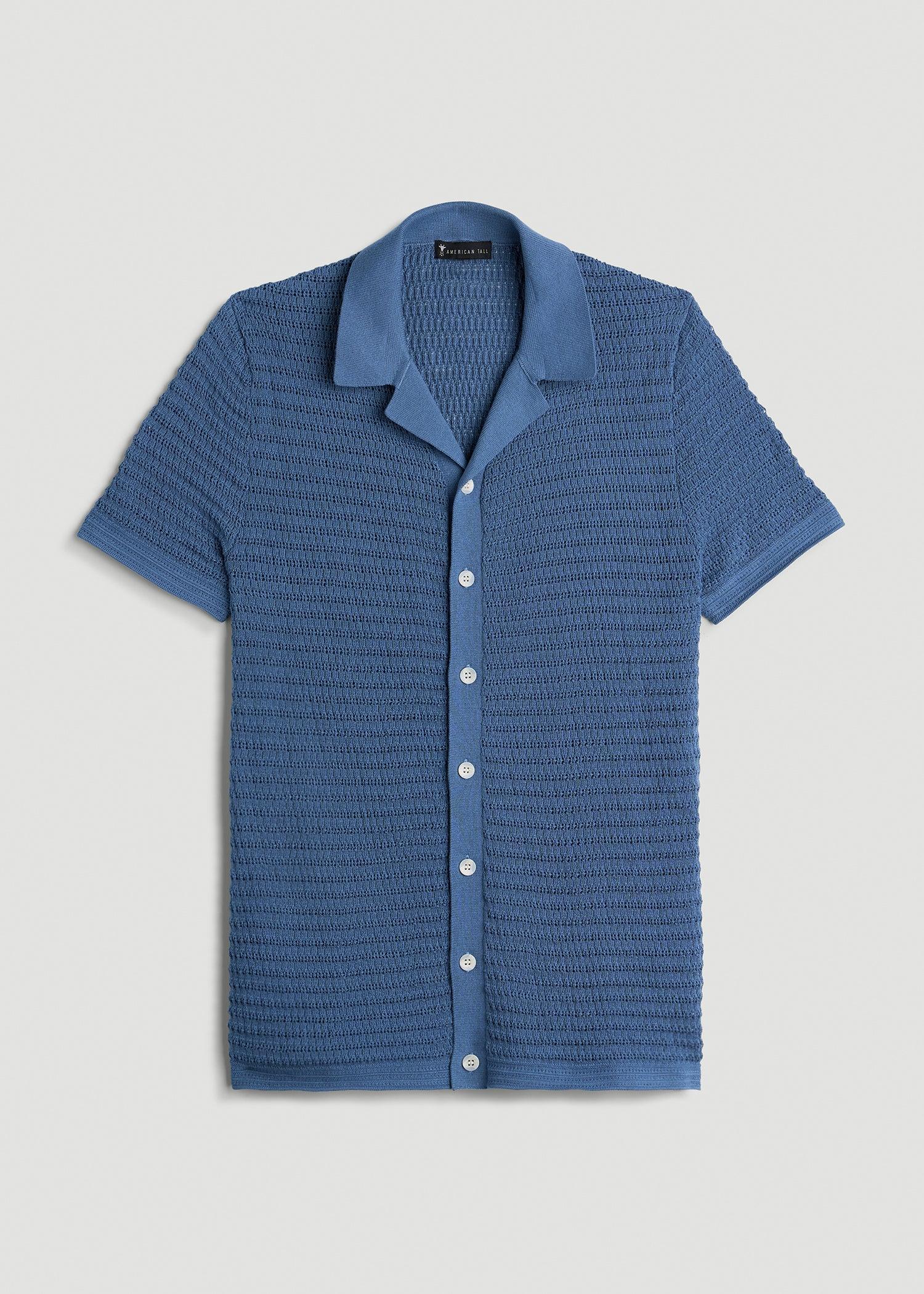 Short Sleeve Crochet Polo Cardigan for Tall Men in Deep Cobalt Product Image