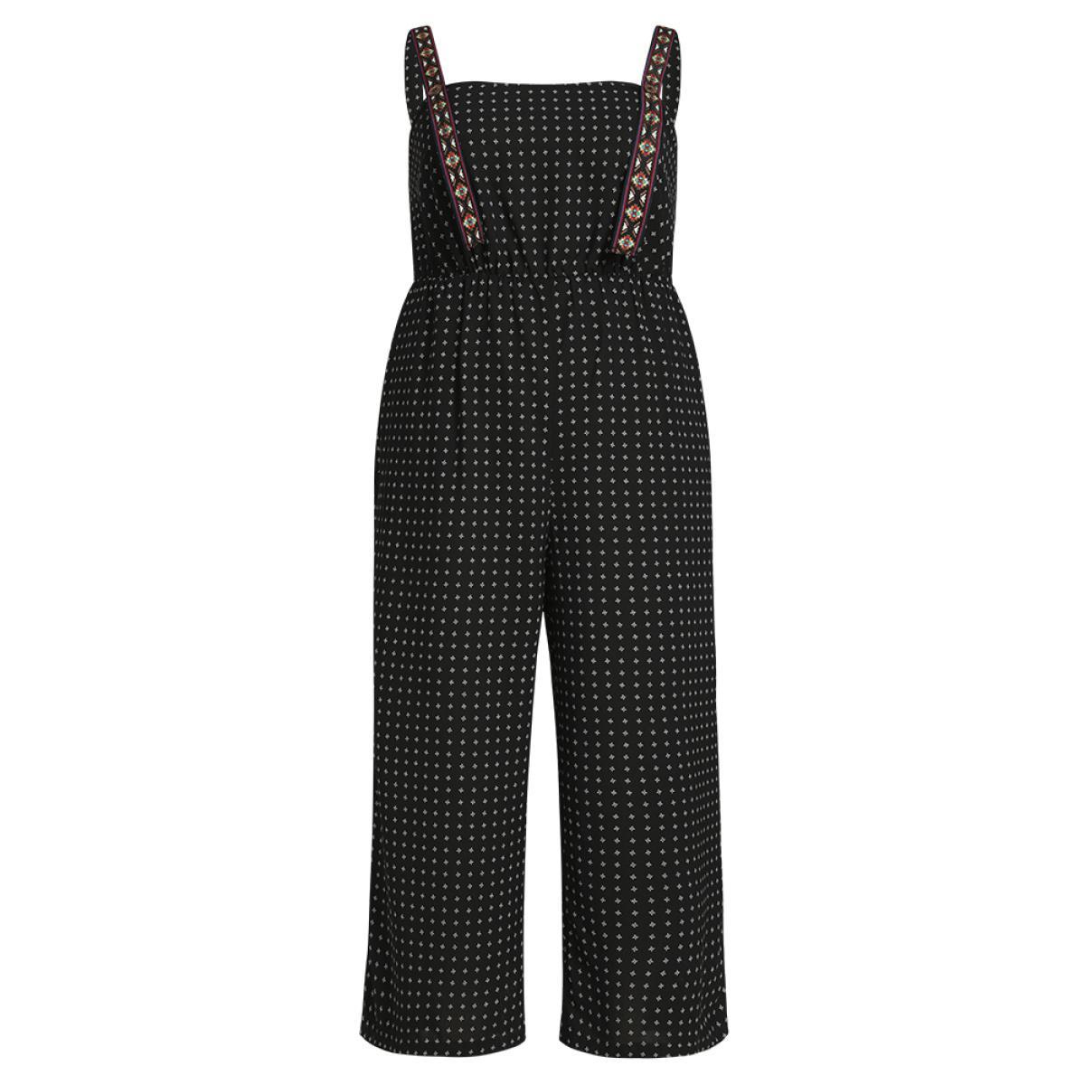 Plus Size Black Geometric Print Pocket Button Elastic Waist Cami Jumpsuit Women Casual Sleeveless Spaghetti Strap Dailywear Loose Jumpsuits BloomChic 26/4X Product Image