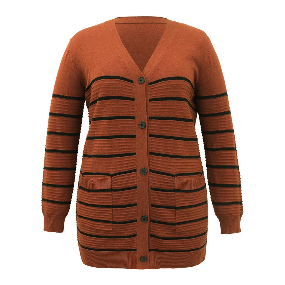 Plus Size Striped Button Down Patched Pocket Cardigan Rust Women Casual Loose Long Sleeve Everyday Cardigans BloomChic 22-24/3X Product Image