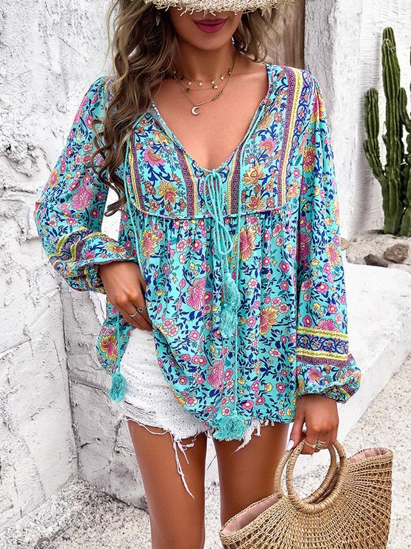 Long Sleeves Loose Contrast Color Elasticity Pleated Split-Joint Tied V-Neck Blouses&Shirts Tops Product Image