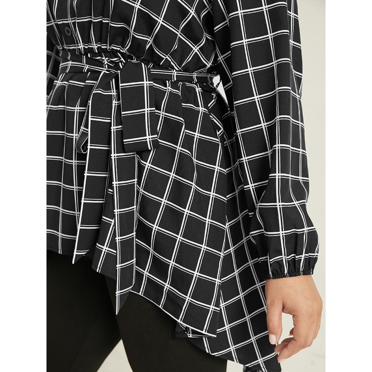 Plus Size Black Plaid Button Up Belted High Low Hem Blouse Women Office Long Sleeve Shirt collar Work Blouses BloomChic 30/6X Product Image