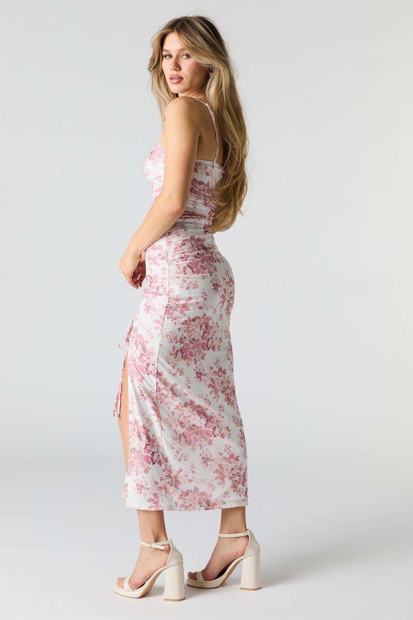 Floral Mesh Ruched Slit Midi Dress Female Product Image