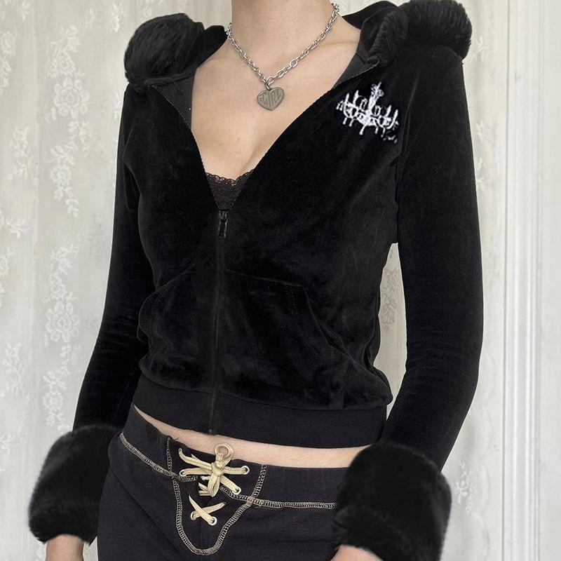 Long Sleeve Graphic Print Furry-Trim Zip-Up Hooded Jacket Product Image