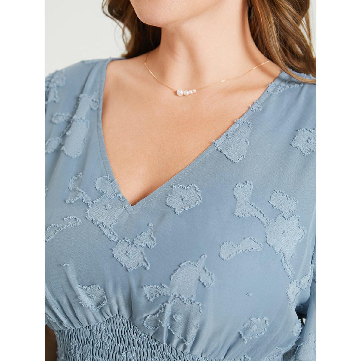 Plus Size Solid Textured Ruffle Pocket Shirred Waist Dress Stone Women Elegant Lined V-neck Short sleeve Curvy Midi Dress BloomChic 10/M Product Image