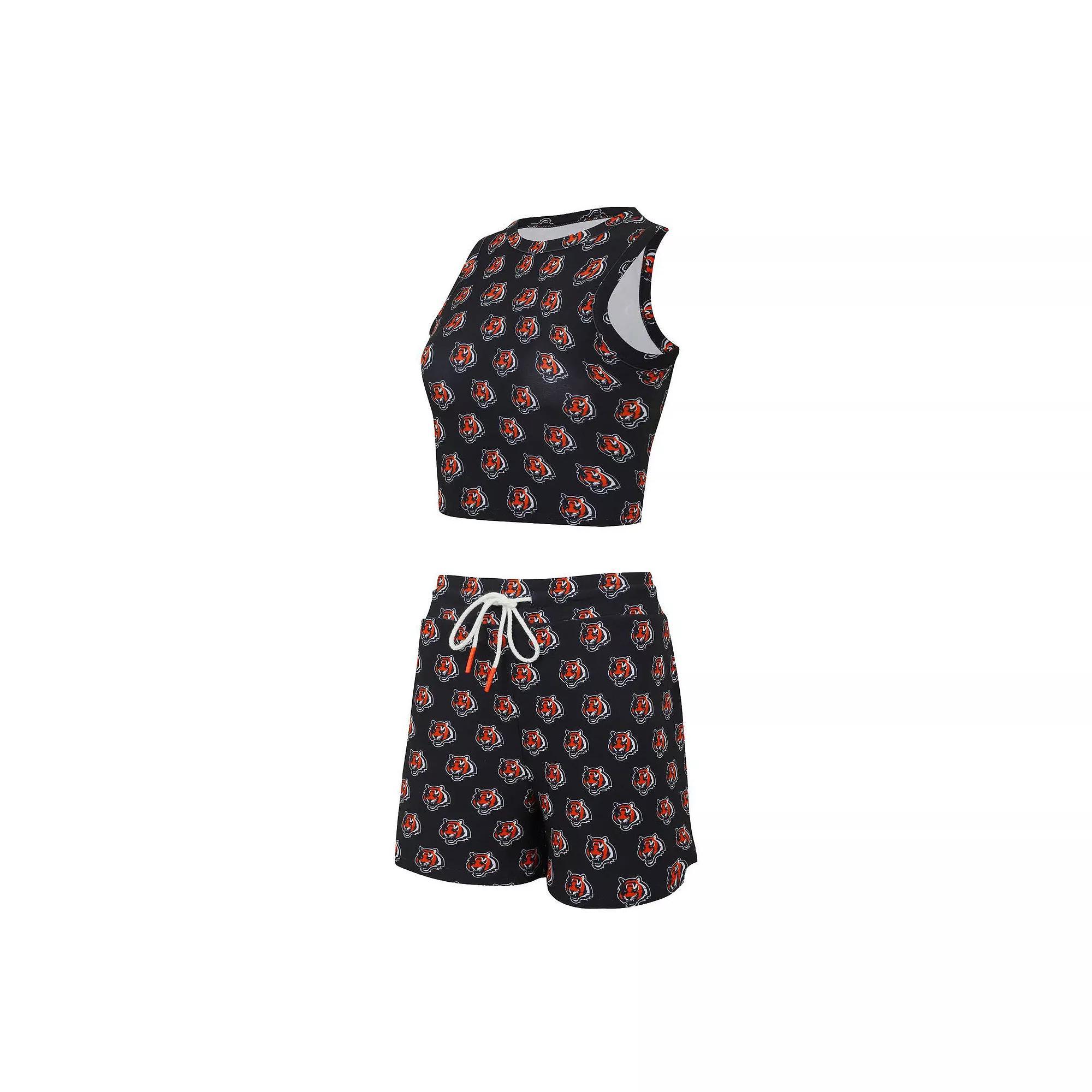 Women's Concepts Sport Cincinnati Bengals Gauge Allover Print Cropped Tank Top & Shorts Sleep Set, Size: 3XL, Black Product Image