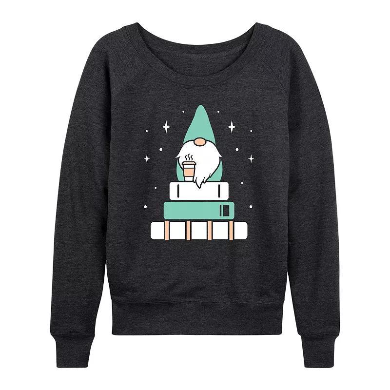 Womens Gnome with Coffee and Books French Terry Long Sleeve Tee Heather Grey Product Image