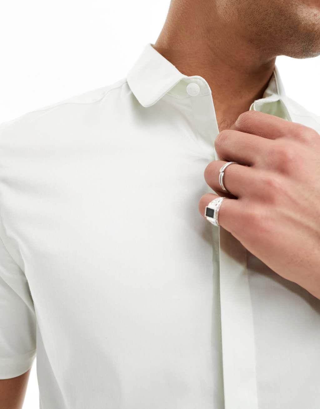 ASOS DESIGN Wedding slim sateen shirt with penny collar Product Image