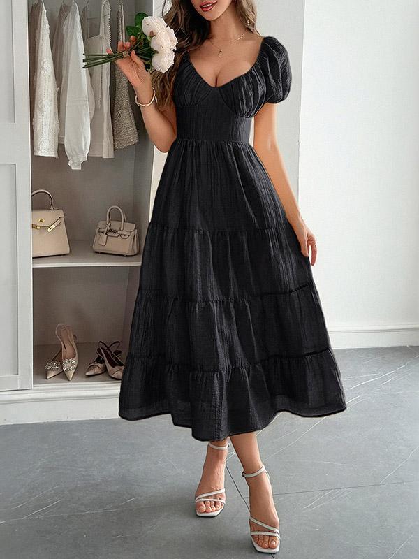 A-Line Loose Backless Pleated Solid Color Tied V-Neck Midi Dresses Product Image