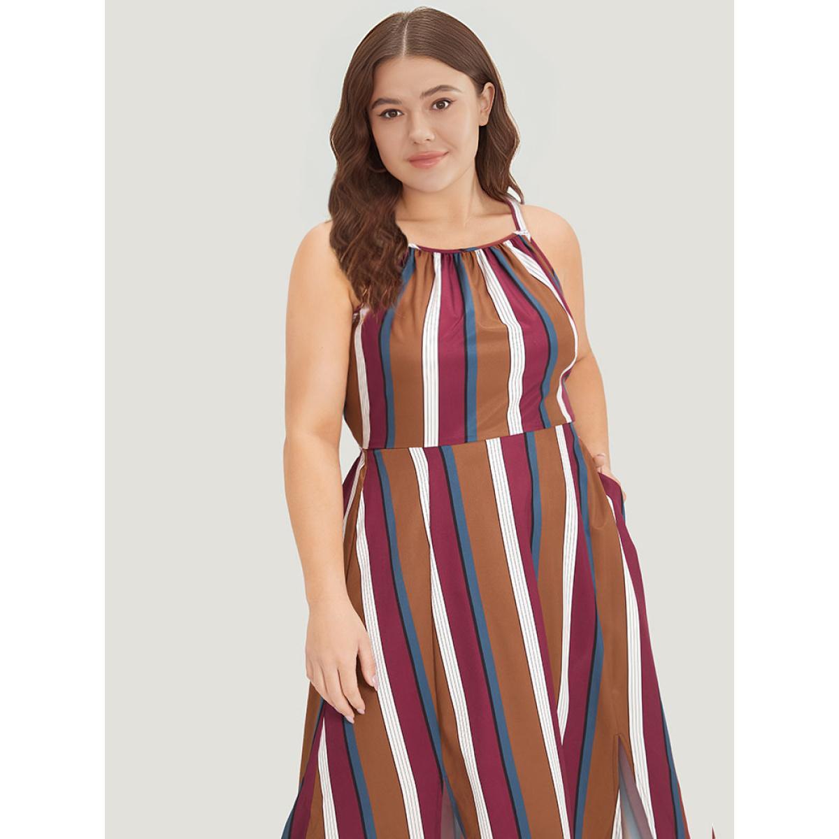 Plus Size Striped Bowknot Cut Out Split Hem Gathered Cami Dress Multicolor Women Elegant Knotted Spaghetti Strap Sleeveless Curvy Midi Dress BloomChic 14-16/1X Product Image