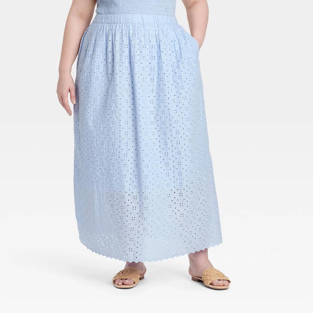 Women's Eyelet Maxi A-Line Skirt - Universal Thread™ Blue L: High Rise, Side Pocket, Elastic Waistband Product Image