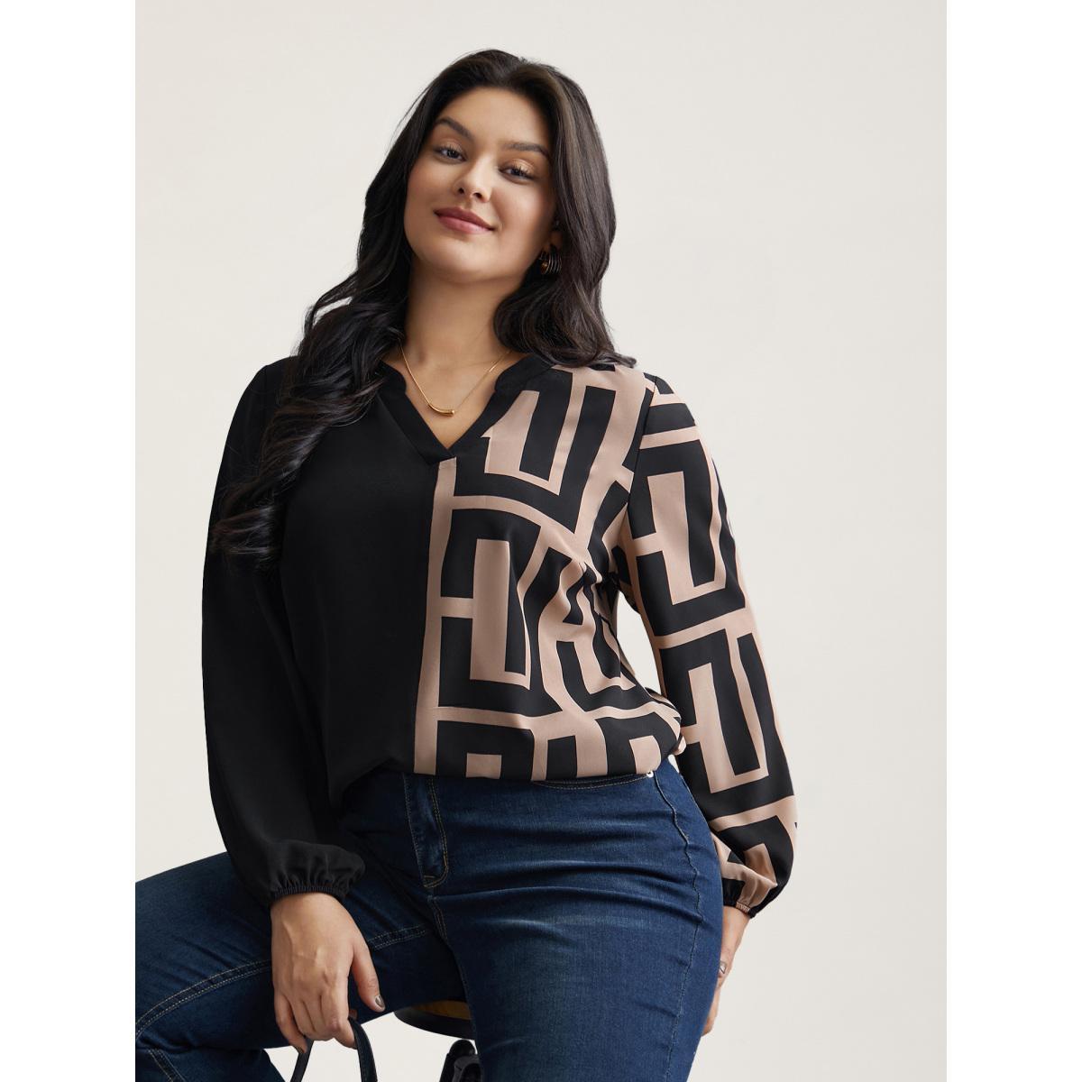Plus Size Black Notched Geometric Colorblock Contrast Blouse Women At the Office Long Sleeve Notched collar Work Blouses BloomChic 12/L Product Image