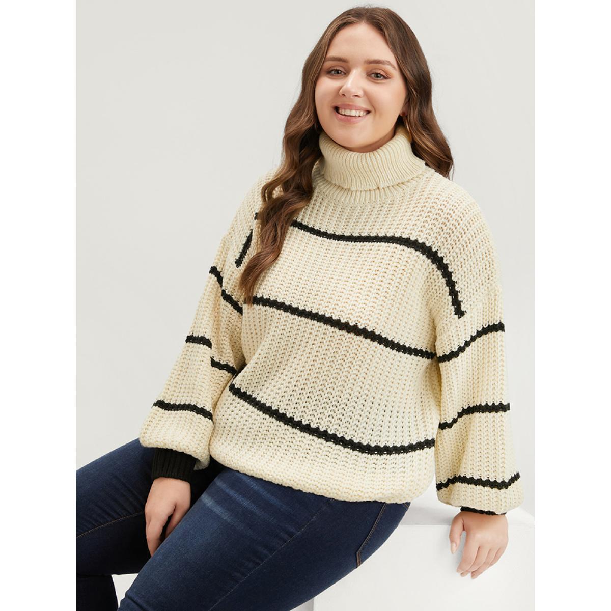 Plus Size Striped Contrast Pointelle Knit Lantern Sleeve Funnel Neck Knit Top Beige Women Elegant Loose Long Sleeve Turtleneck Dailywear Pullovers BloomChic 28/5X Product Image