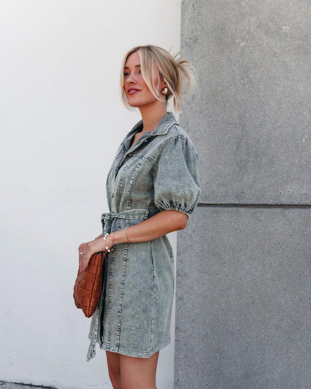Olive Washed Button Down Mini Dress - FINAL SALE Product Image