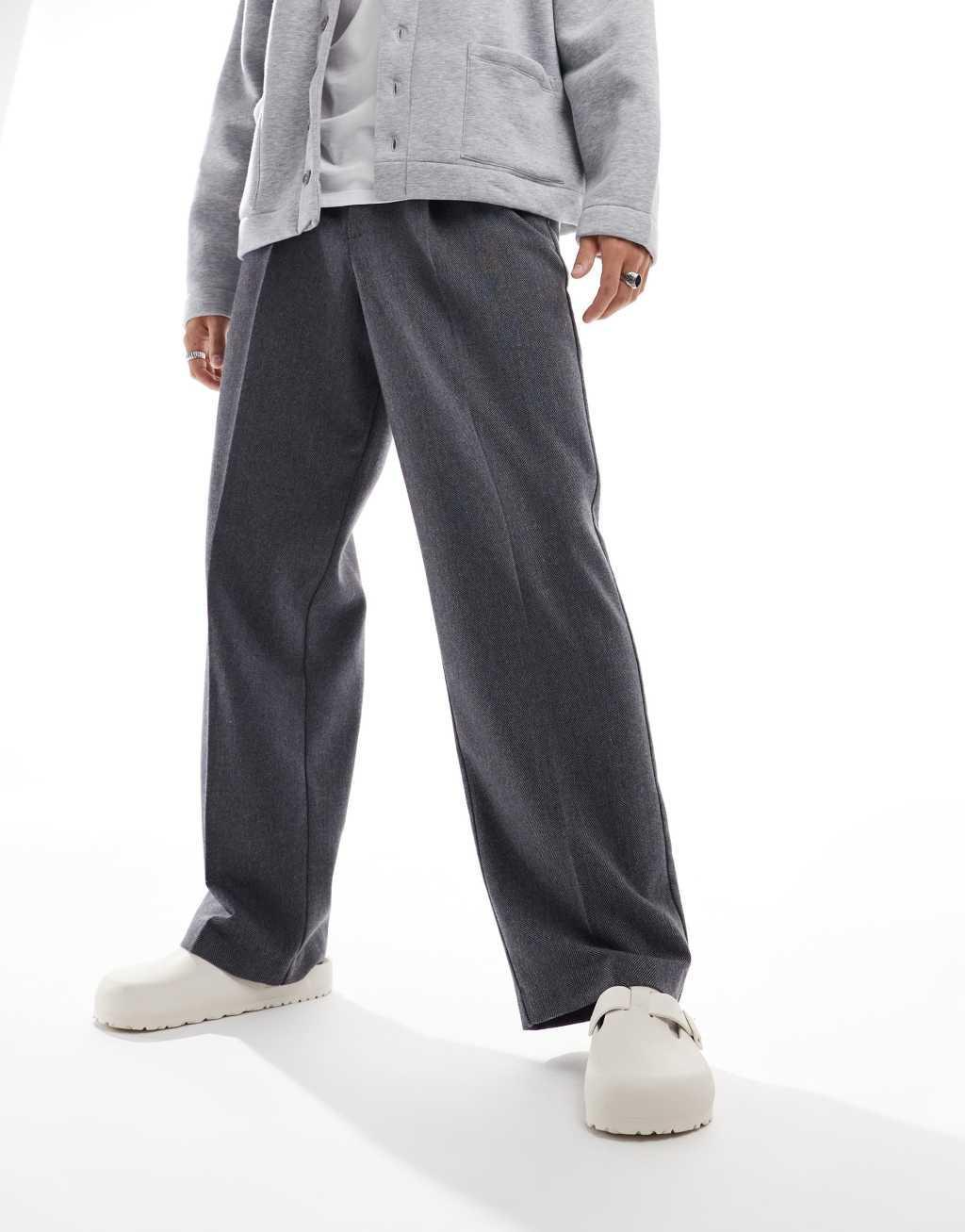 ASOS DESIGN smart wide leg pleated wool mix pants in charcoal herringbone Product Image