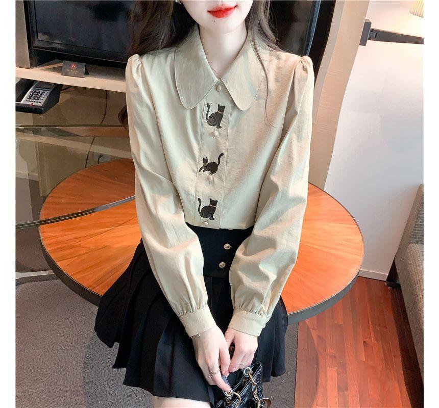 Long-Sleeve Collared Cat Embroidered Blouse Product Image