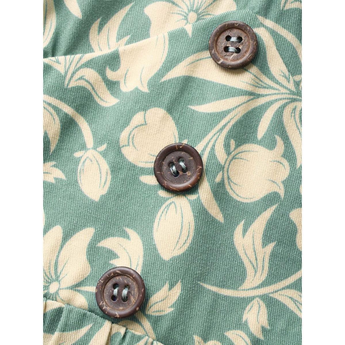 Plus Size Turquoise Floral Gathered Button Detail Flutter Sleeve Blouse Women Resort Short sleeve V-neck Vacation Blouses BloomChic 14-16/1X Product Image